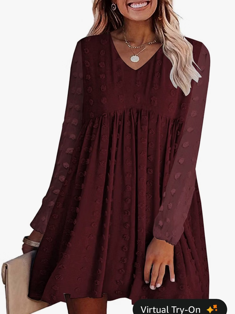 Kirundo Wine V-Neck Long Sleeve Babydoll Dress